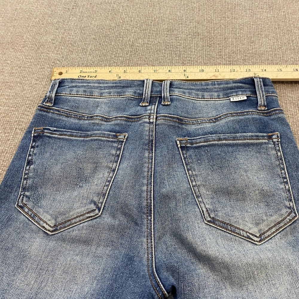 Risen Flare Jeans Womens 7/28 Blue Med Wash Mid Rise Distressed Fringe Hem - Picture 7 of 13